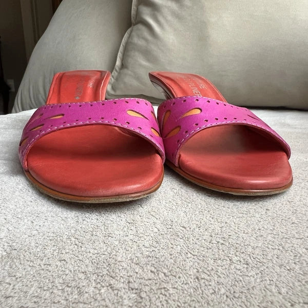 Donald J Pliner Fuschia Pink Orange Leather Kitten Heeled Sandals Women 6.5 Pop