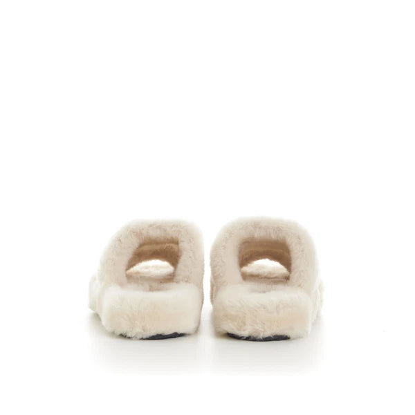 CELINE 870$ Triomphe Open Shearling Fur Slide Sandals - Signature Leather Patch