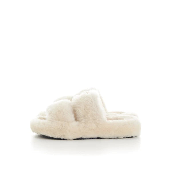 CELINE 870$ Triomphe Open Shearling Fur Slide Sandals - Signature Leather Patch
