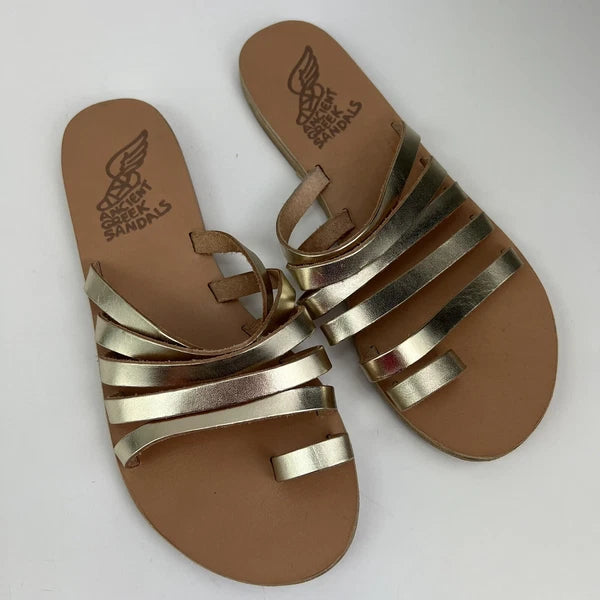 Ancient Greek style metallic gold strappy real leather slide sandals handmade 38