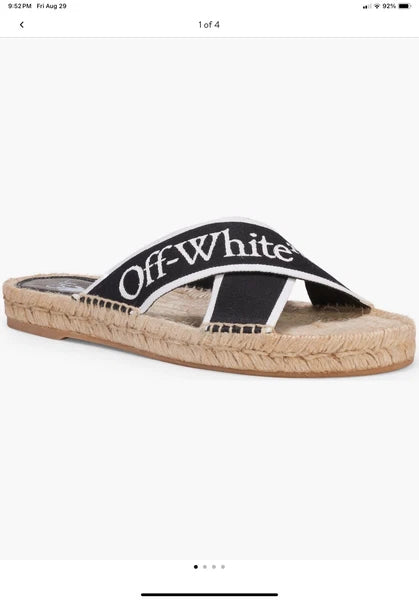 Off-White Black & White Logo Cross Strap Espadrille Slide Sandal Size Us8 Eu38