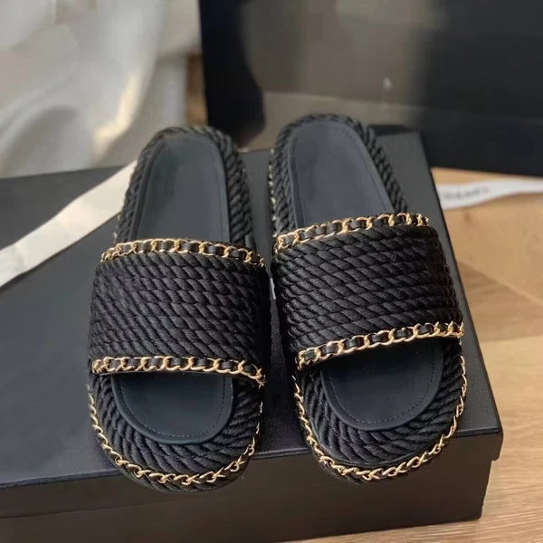 Fashion Women Weave Rope Chain Flat Slides Sandals Flip Flops Slippers Shoes