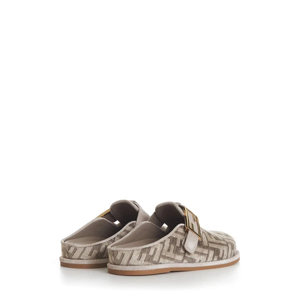 FENDI 995$ Dove Gray Chenille Sabots Sandals - FF Motif / FF Buckle