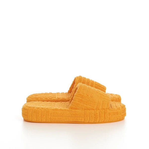 BOTTEGA VENETA 600$ Sponge Slide Sandals - Tangerine Orange Cotton & Rubber