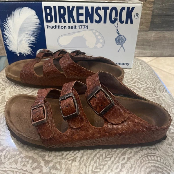 Birkenstock Sandals Woven Leather Three Strap Buckle Arizona Style Size 37