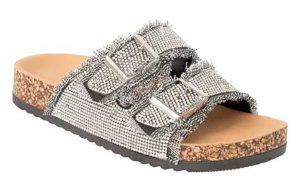 KARAUSA Fashion Rhinestone 2 Buckles Cork Denim Slides Sandals