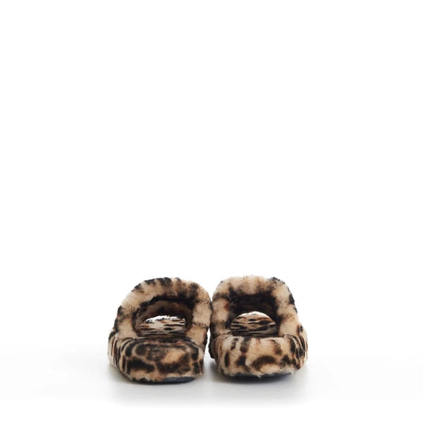 CELINE 990$ Shearling Fur Slide Sandals - Leopard Pattern