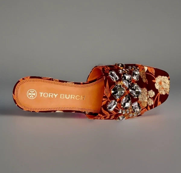 TORY BURCH MARTINE CRYSTAL SLIDE SANDAL FLORAL JACQUARD SZ US 6 NIB