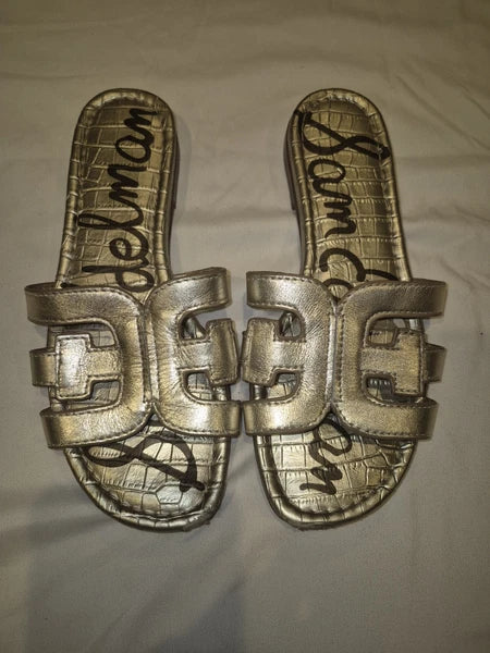 Sam Edelman Bay Slide Sandals Metallic Light Gold Leaf Leather Women’s 5.5