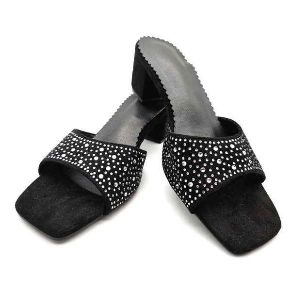 Black Rhinestone Slide Sandals Size 9 US (EU 40) – Square Toe Low Block Heel