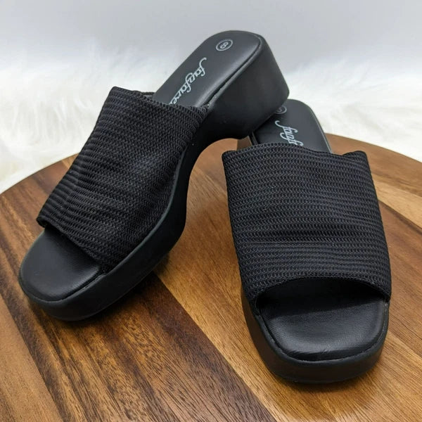 Fanfares Mule Slides Sandals 8 Black Square Toe Stretch Fabric Retro Popular 90s