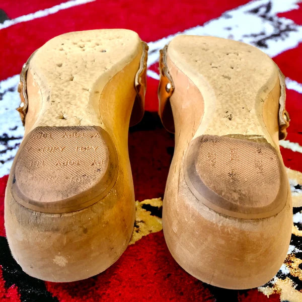 SALPY Handmade Shoes Orange Leather Wooden Mule Style Anna Womens size 7