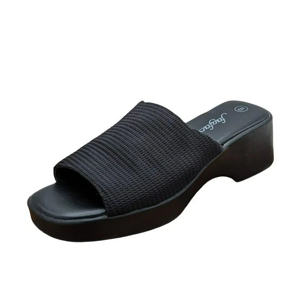 Fanfares Mule Slides Sandals 8 Black Square Toe Stretch Fabric Retro Popular 90s