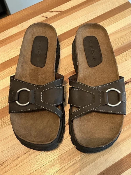 Airwalk Sandals Women's 9 Brown Leather Fashion Slip On Slide Mule Shoes