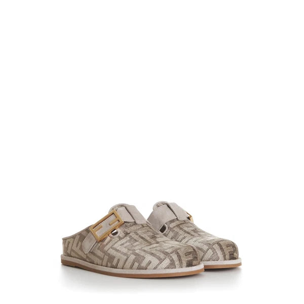 FENDI 995$ Dove Gray Chenille Sabots Sandals - FF Motif / FF Buckle
