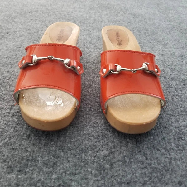 Made in Italy Women Clogs Size US 6M Orange Open Toe Wooden Look Silver Buckle*