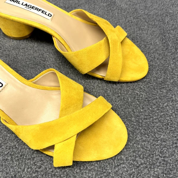 Karl Lagerfeld Sandals Women 7 M Yellow Suede Fawn Canary Slide 2" Block Heel