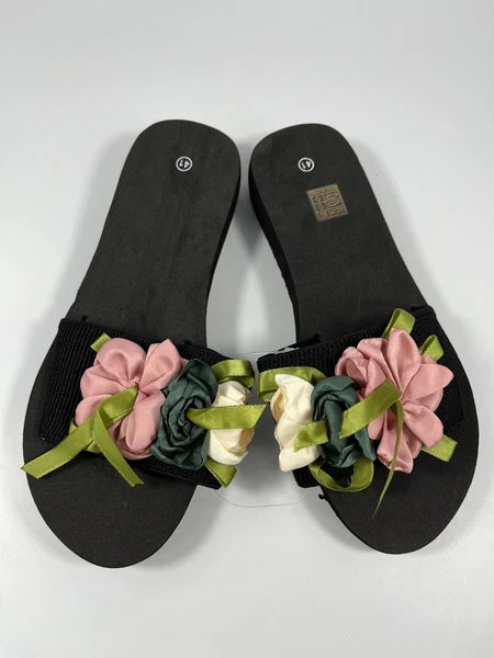 Women Flower Decor Single Band Slides Fashion Outdoor Polyester Slides  SIZE8.5