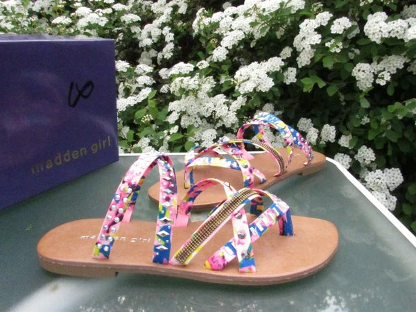 MADDEN GIRL Womens size 7 Floral Canvas Jeweled Slides/Slingback Fashion Sandals