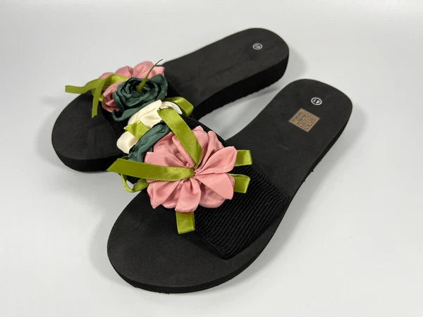 Women Flower Decor Single Band Slides Fashion Outdoor Polyester Slides  SIZE8.5