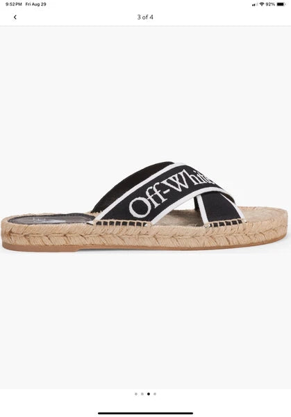 Off-White Black & White Logo Cross Strap Espadrille Slide Sandal Size Us8 Eu38