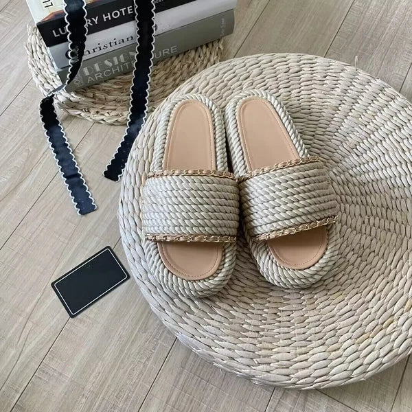 Fashion Women Weave Rope Chain Flat Slides Sandals Flip Flops Slippers Shoes