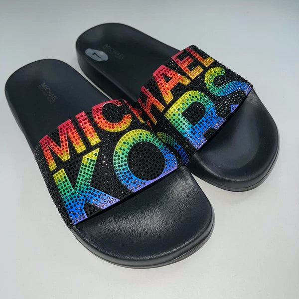 Michael Kors Slides Womens Rhinestones Rainbow Black Bling Sparkly Pride Gilmore