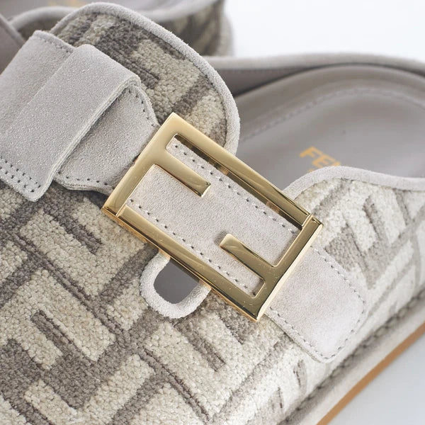 FENDI 995$ Dove Gray Chenille Sabots Sandals - FF Motif / FF Buckle