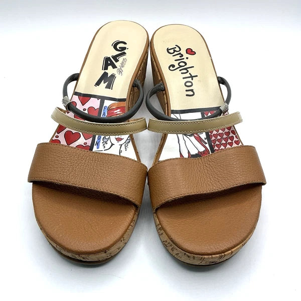 Brighton HARPER Sz 10 Slip On Slides Cork Wedge Sandal Brown Chic Fashion Glam