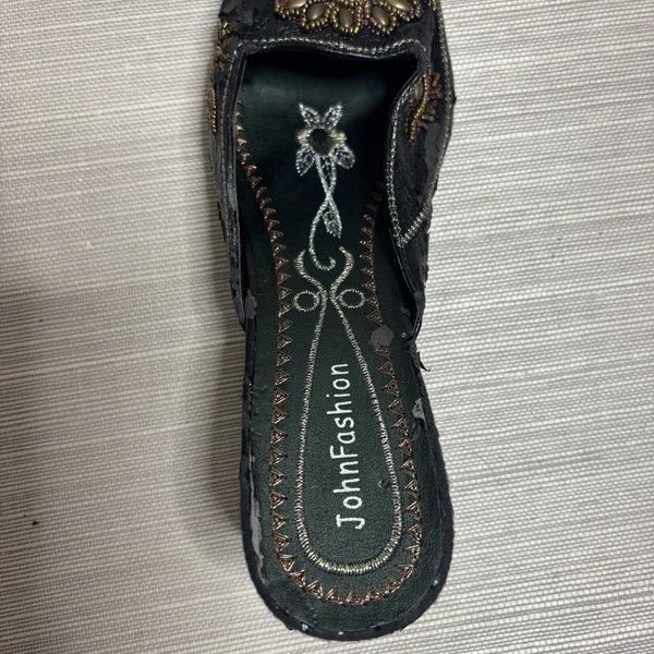 John Fashion Black Boho Beaded Sequin Slide Slip on Dress Shoes Size 9 NEW