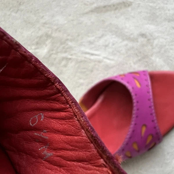 Donald J Pliner Fuschia Pink Orange Leather Kitten Heeled Sandals Women 6.5 Pop