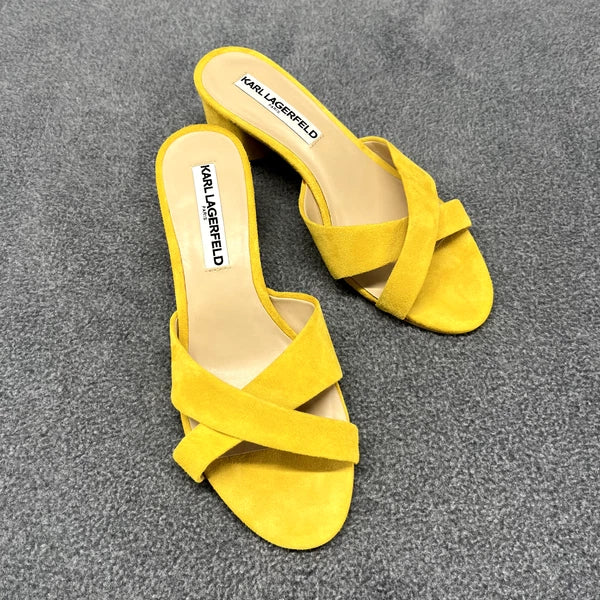 Karl Lagerfeld Sandals Women 7 M Yellow Suede Fawn Canary Slide 2" Block Heel