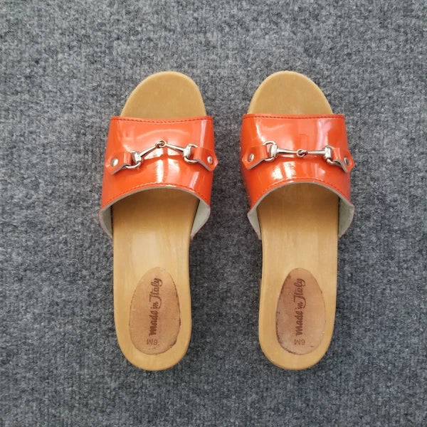 Made in Italy Women Clogs Size US 6M Orange Open Toe Wooden Look Silver Buckle*