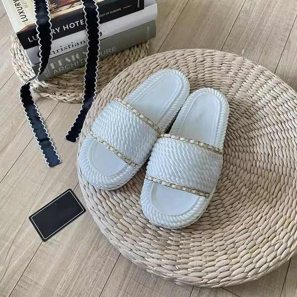Fashion Women Weave Rope Chain Flat Slides Sandals Flip Flops Slippers Shoes