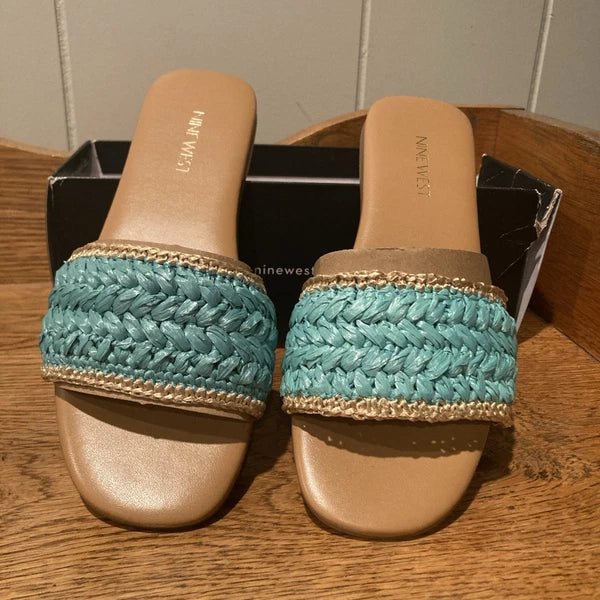 Nine West Women’s Size 7.5M Lolen5 Light Blue Slide Sandals Bohemian Style NWT