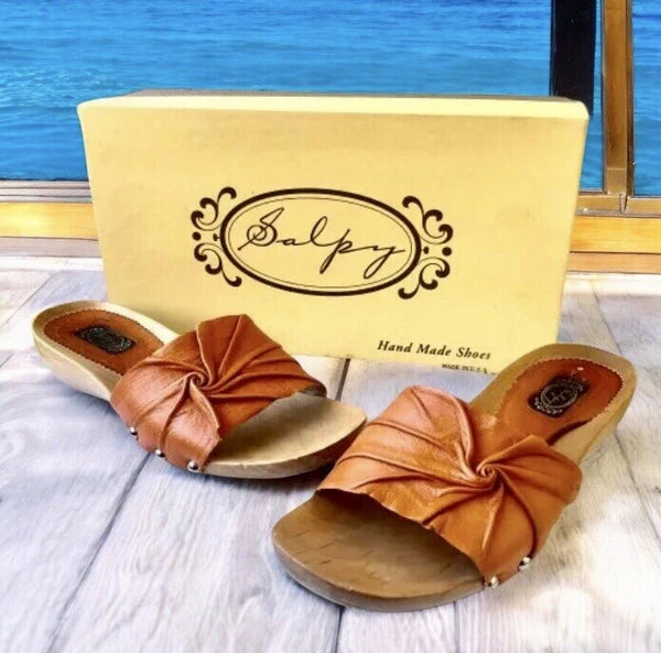 SALPY Handmade Shoes Orange Leather Wooden Mule Style Anna Womens size 7