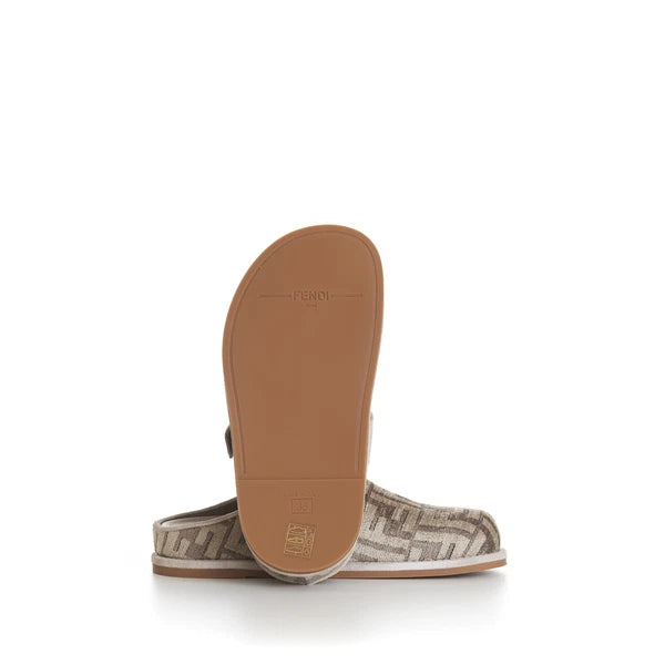FENDI 995$ Dove Gray Chenille Sabots Sandals - FF Motif / FF Buckle