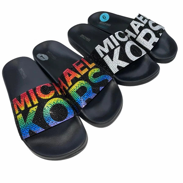 Michael Kors Slides Womens Rhinestones Rainbow Black Bling Sparkly Pride Gilmore