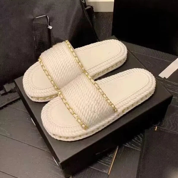 Fashion Women Weave Rope Chain Flat Slides Sandals Flip Flops Slippers Shoes