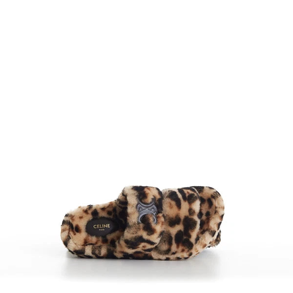 CELINE 990$ Shearling Fur Slide Sandals - Leopard Pattern