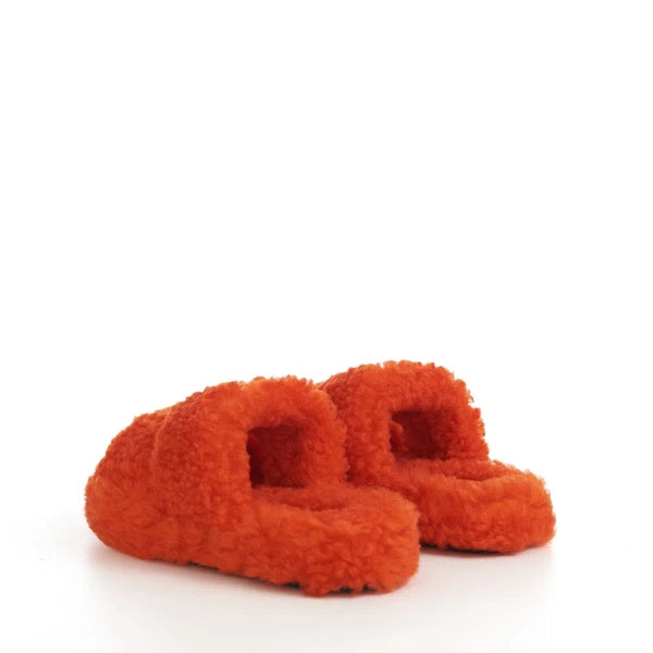 CELINE 730$ Fluffy Shearling Triomphe Fur Slide Sandals - Bright Orange, Patch