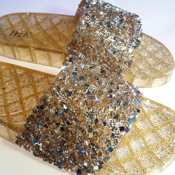 H2K CANDY Rose Gold Color Glitter Beads Fashion Slides Flip Flops Sandals Bling