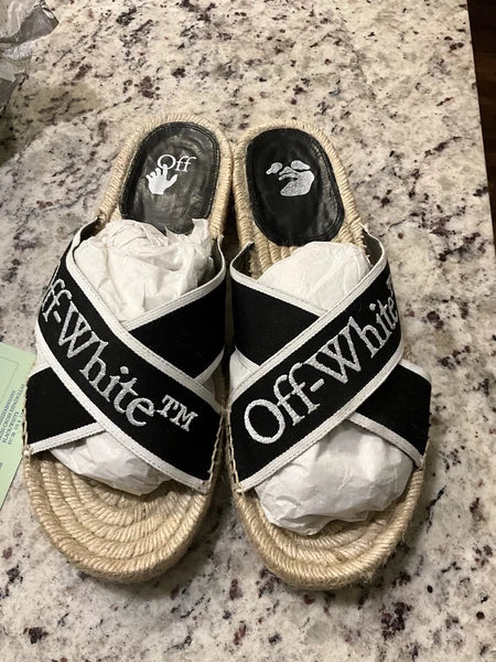Off-White Black & White Logo Cross Strap Espadrille Slide Sandal Size Us8 Eu38