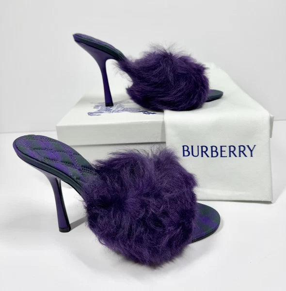 BURBERRY SANDALS MINNIE SHEARLING SLIDE PURPLE STILETTO HEEL WOMENS EU 39 US 9