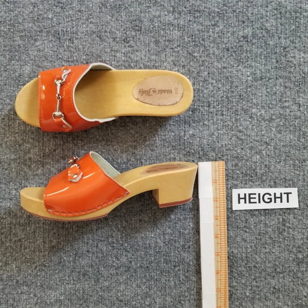 Made in Italy Women Clogs Size US 6M Orange Open Toe Wooden Look Silver Buckle*