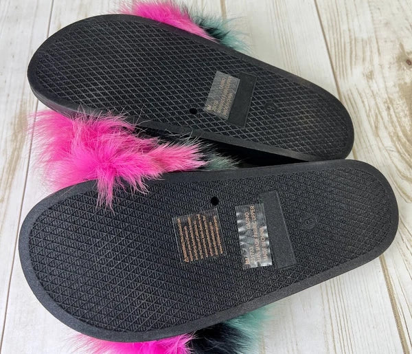 New Fashion Nova Women's Casino Rainbow Baby Slides Size 8 Faux Fur NWB