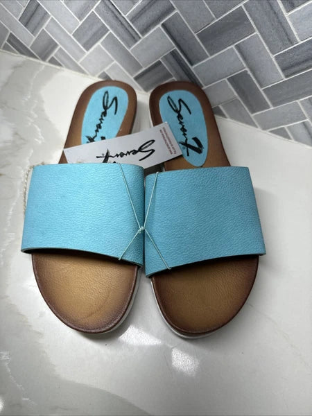 Seven7 Pearl Slide Blue Slip On Fashion Sandal Flats Shoes Womens Size 8