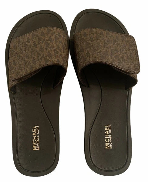 Michael Kors Wade Slide MK Signature Logo Sandals Adjust Closure Brown SZ 11 New