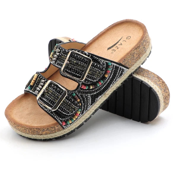 Glaze Women's Beaded Rhinestone Sandal Buckle Cork Footbed Slides Bohemian Style