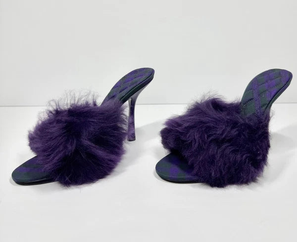 BURBERRY SANDALS MINNIE SHEARLING SLIDE PURPLE STILETTO HEEL WOMENS EU 39 US 9